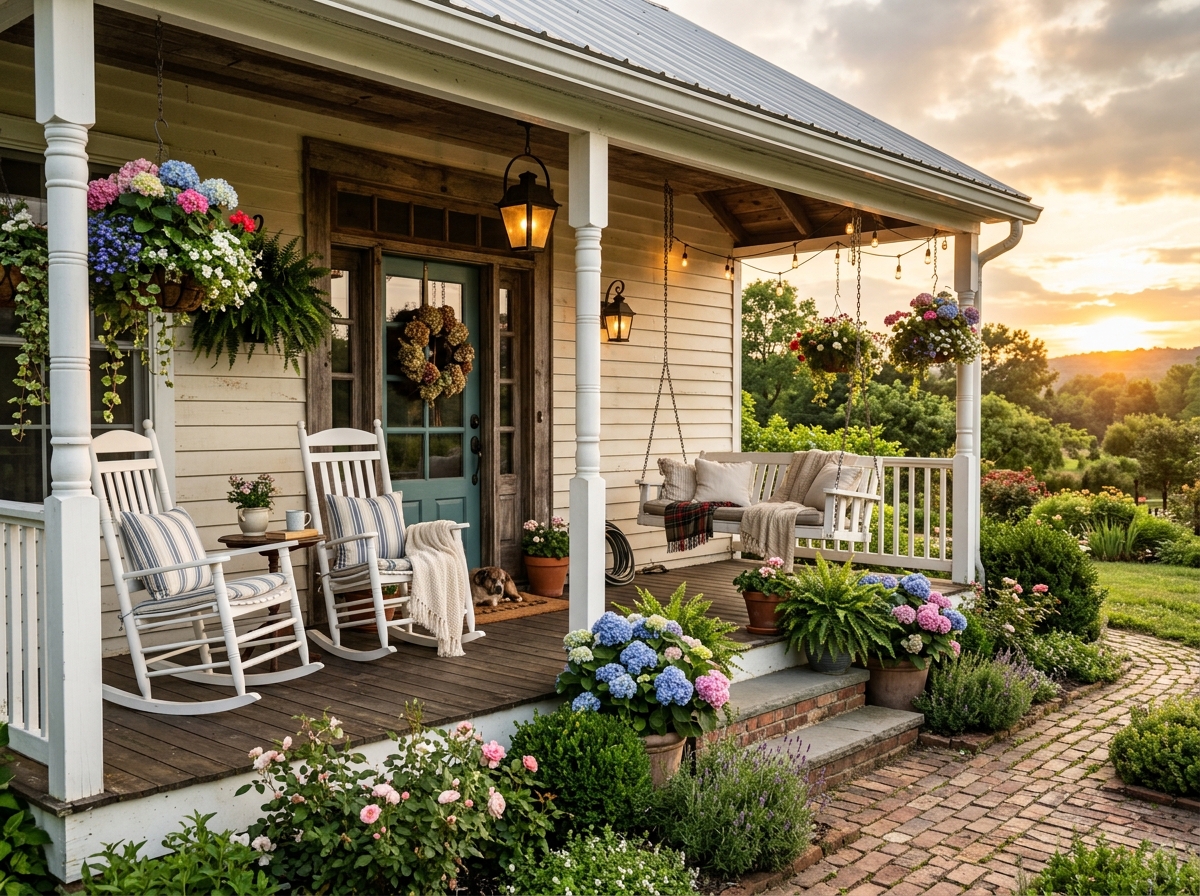 Beautiful vintage front porch with rocking chairs and flowers