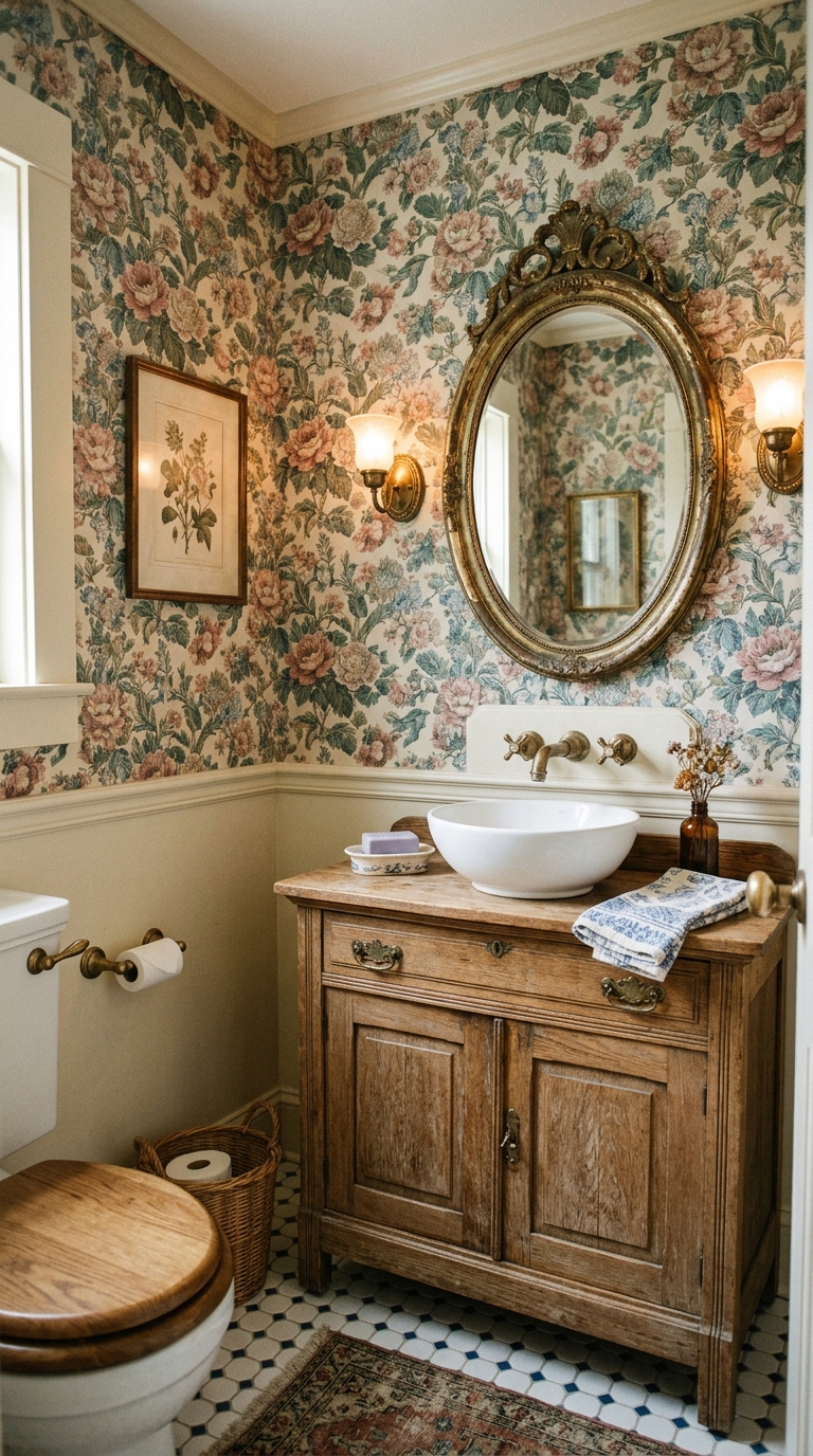 Vintage-inspired powder room with floral wallpaper and aged brass fixtures