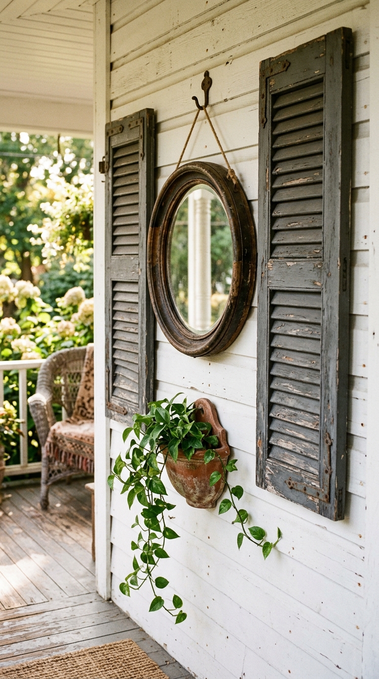 Weathered wooden shutters as decorative wall accents flanking a mirror on a vintage front porch