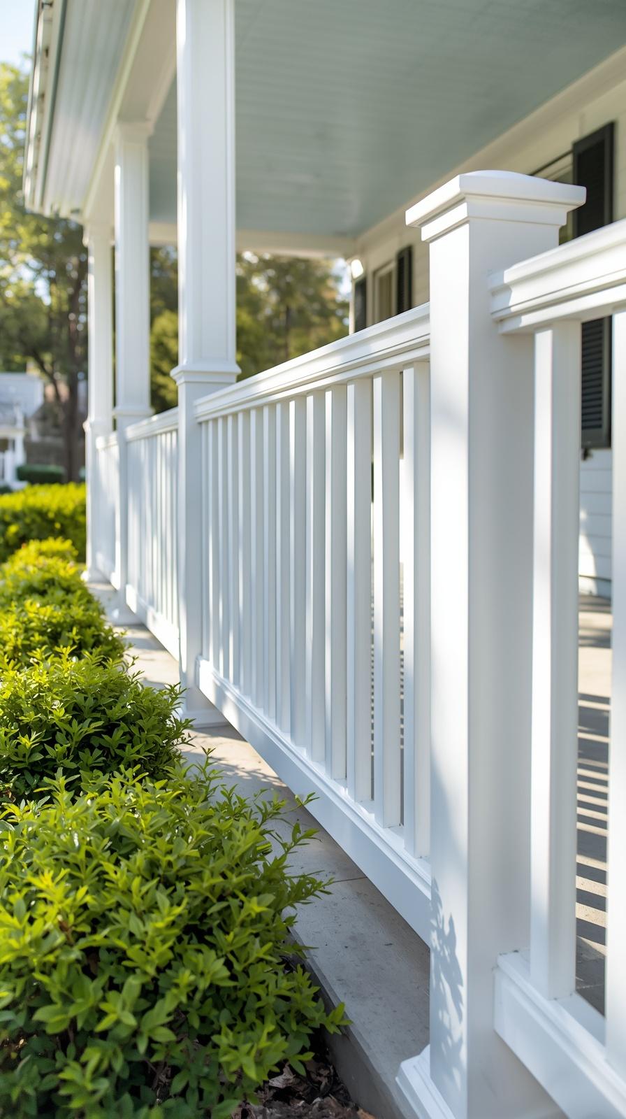 White vinyl porch railing with wood-like finish on a traditional colonial home