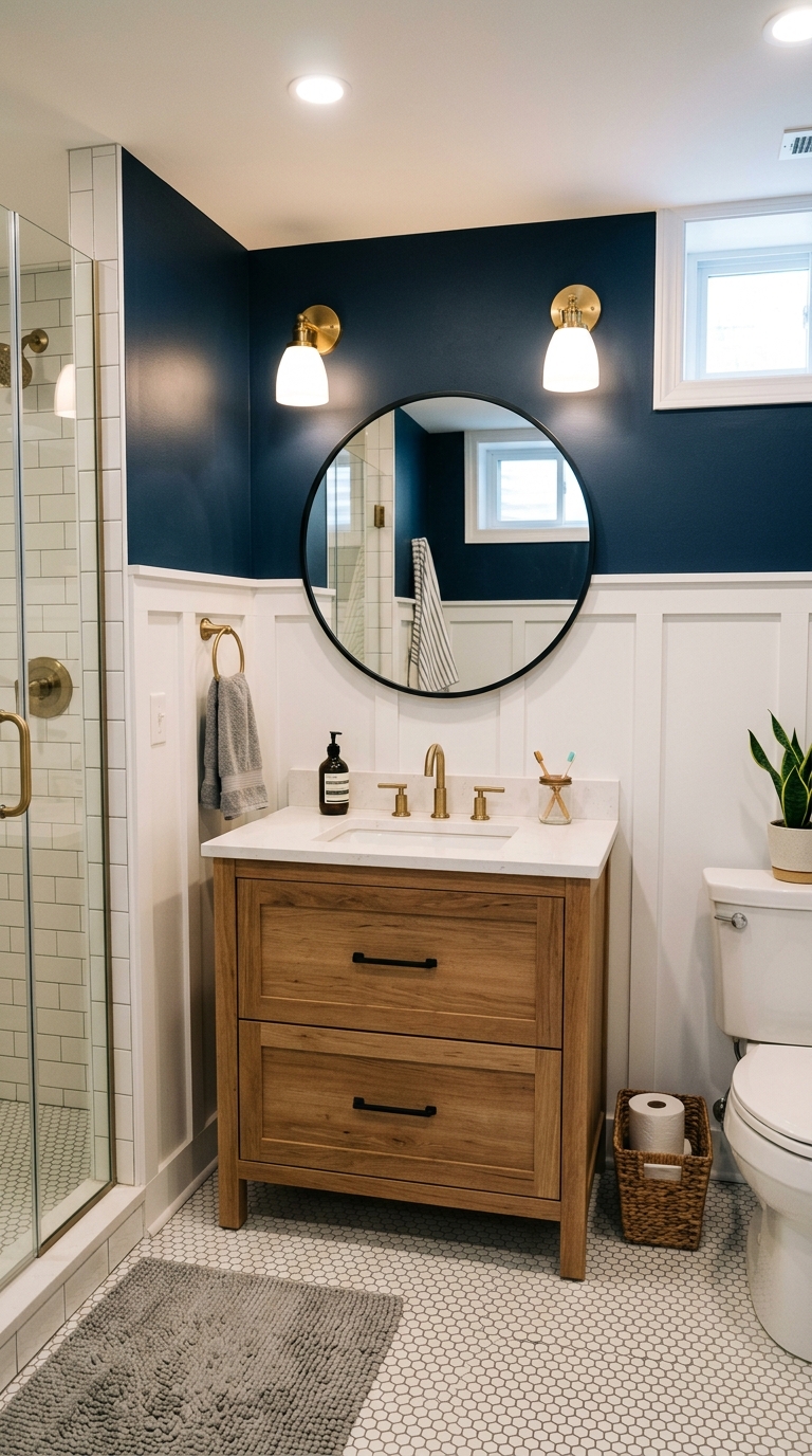Basement bathroom with white board-and-batten wainscoting, deep navy upper walls, and round mirror