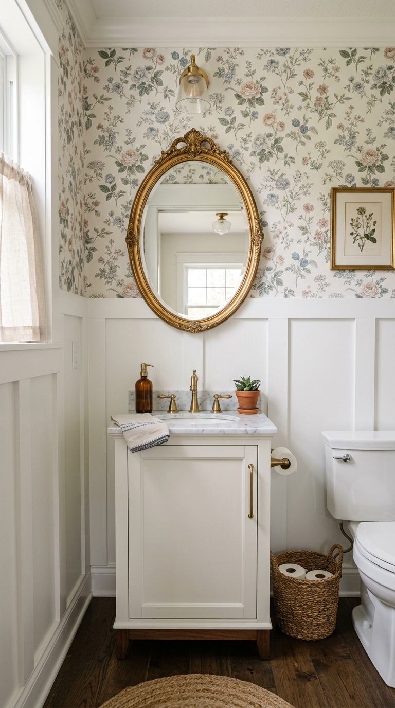 Half bathroom with white wainscoting and floral wallpaper above, gold oval mirror
