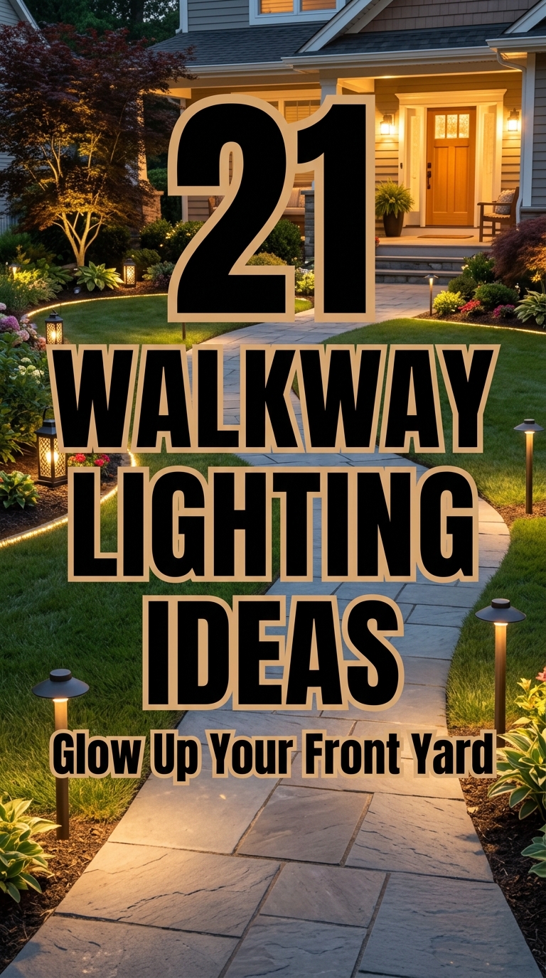 Front yard walkway illuminated with warm landscape lighting.