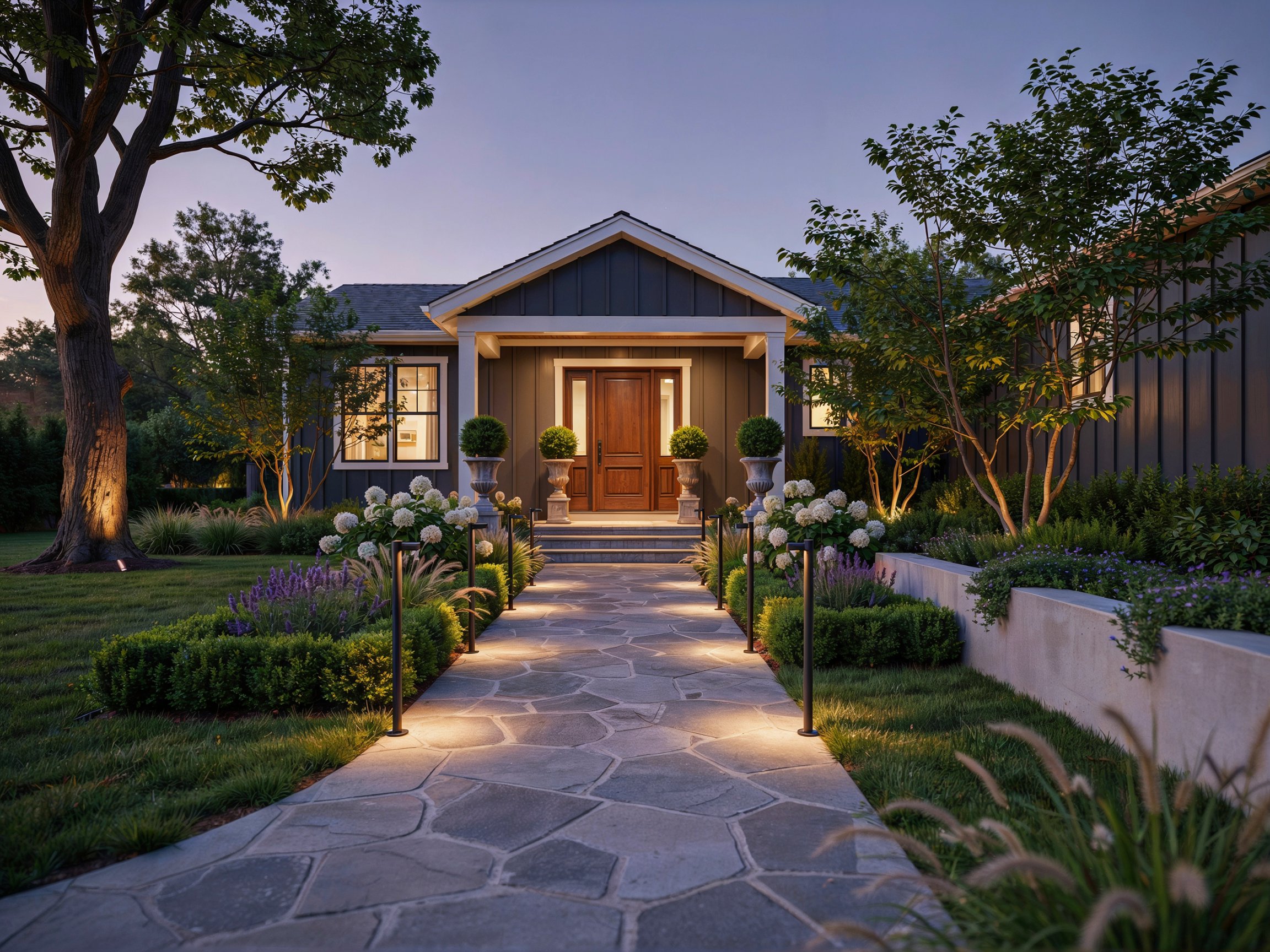 Front yard walkway with beautiful landscape lighting at night