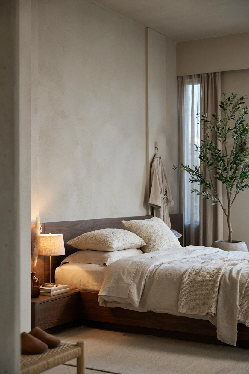 Walnut bed frame with warm ambient lighting in an organic modern brown bedroom