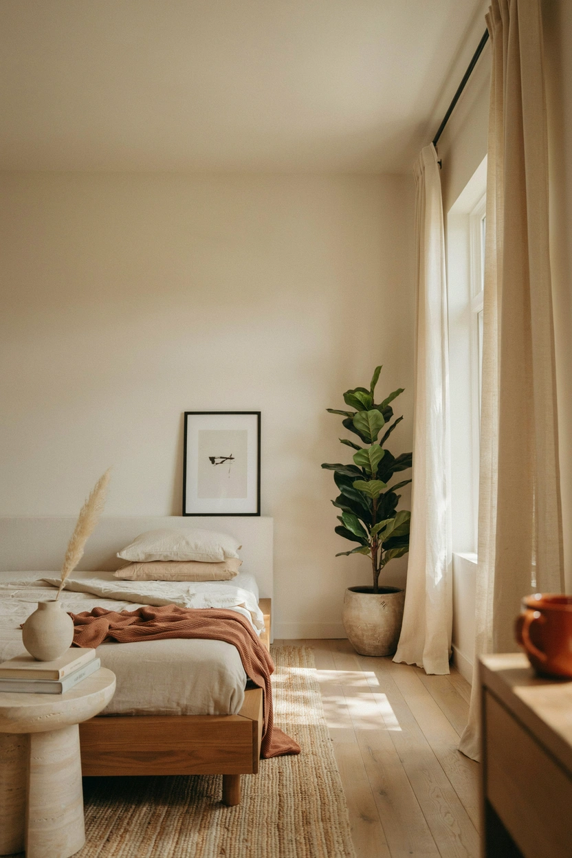 Low-profile walnut bed frame in a small brown bedroom with cream bedding and terracotta plant for a Japandi-inspired earthy look