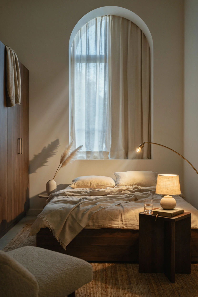 Warm amber lighting in an earthy bedroom with linen lampshades and candles — cozy bedroom lighting idea for natural spaces