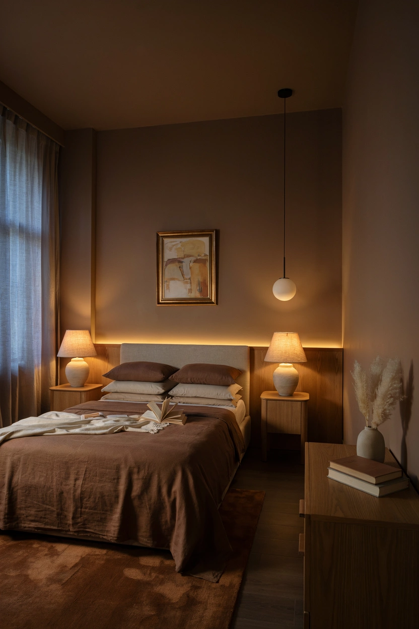 Warm, greige-painted small bedroom with cream curtains and natural wood furniture for an airy earth-tone look.