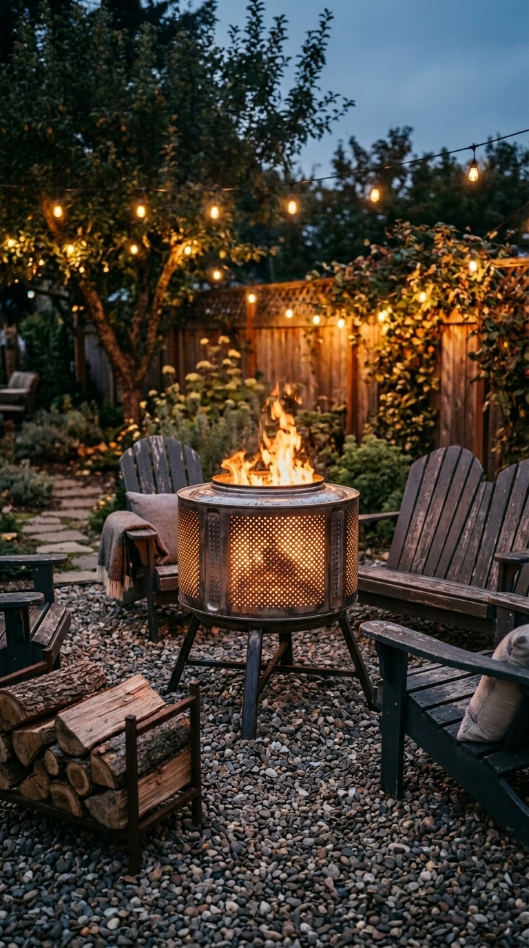 Upcycled washing machine drum DIY fire pit with warm fire glow in a backyard