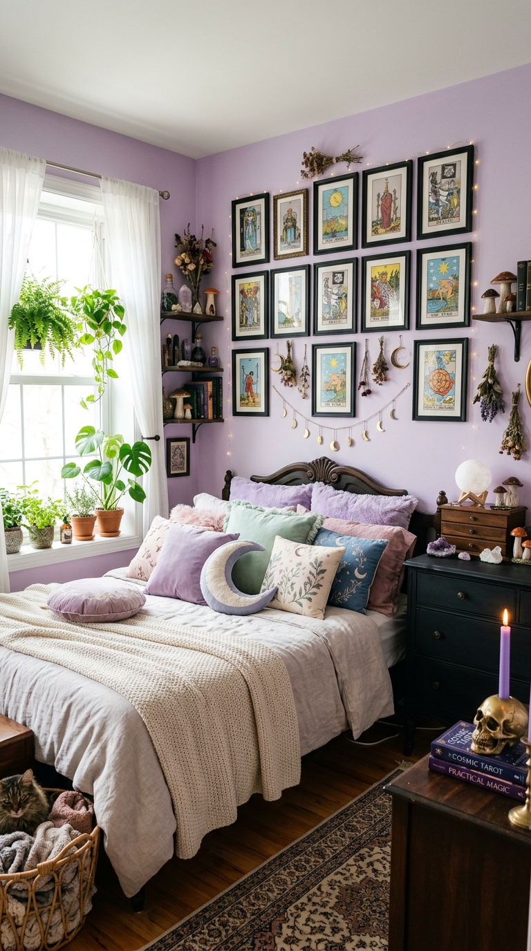 Whimsigoth bedroom with soft lilac walls, matte black furniture, pastel throw pillows, skull candle holder, and tarot card gallery wall