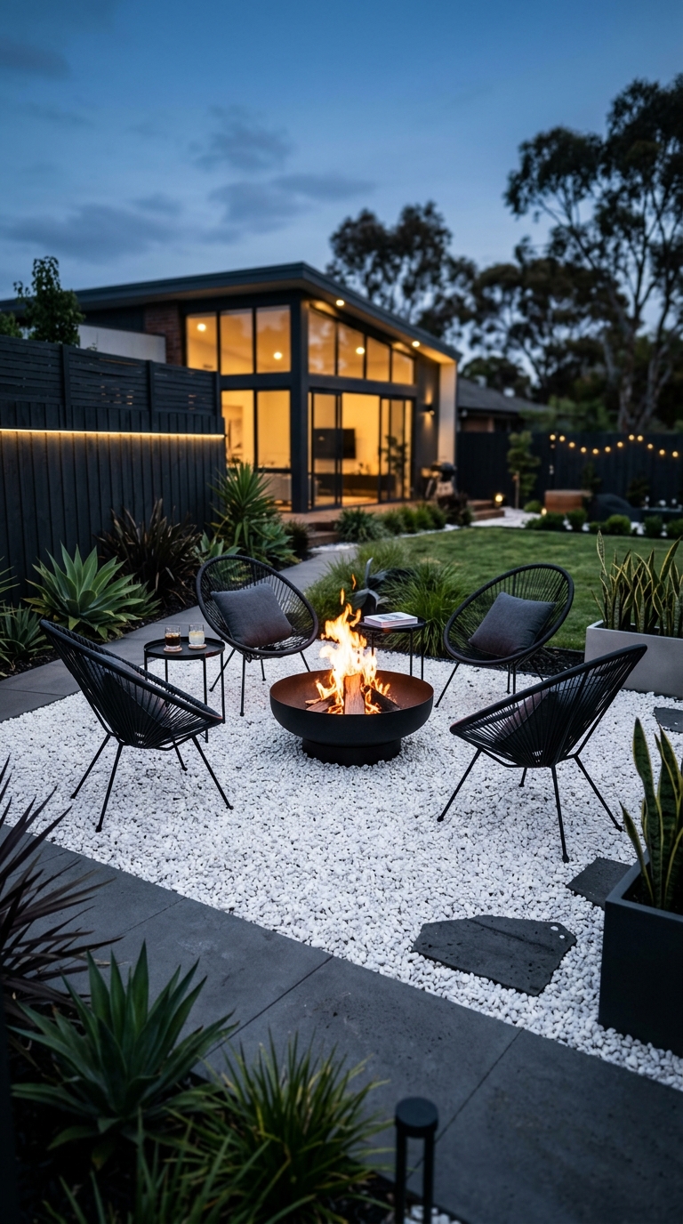 High contrast white gravel fire pit area with black fire bowl and black metal chairs in a modern backyard