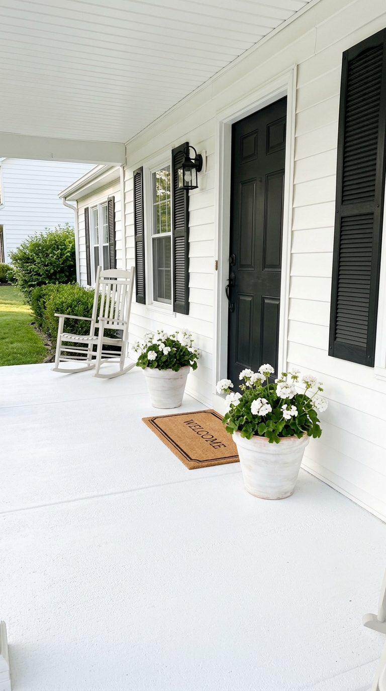 Bright white painted concrete porch floor on a classic colonial home with black shutters