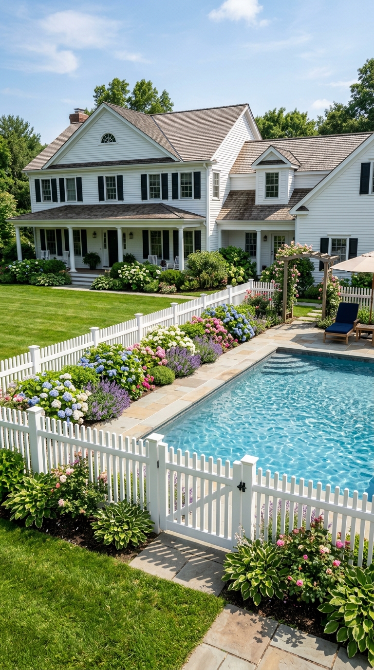 Classic white vinyl picket fence around a backyard swimming pool.