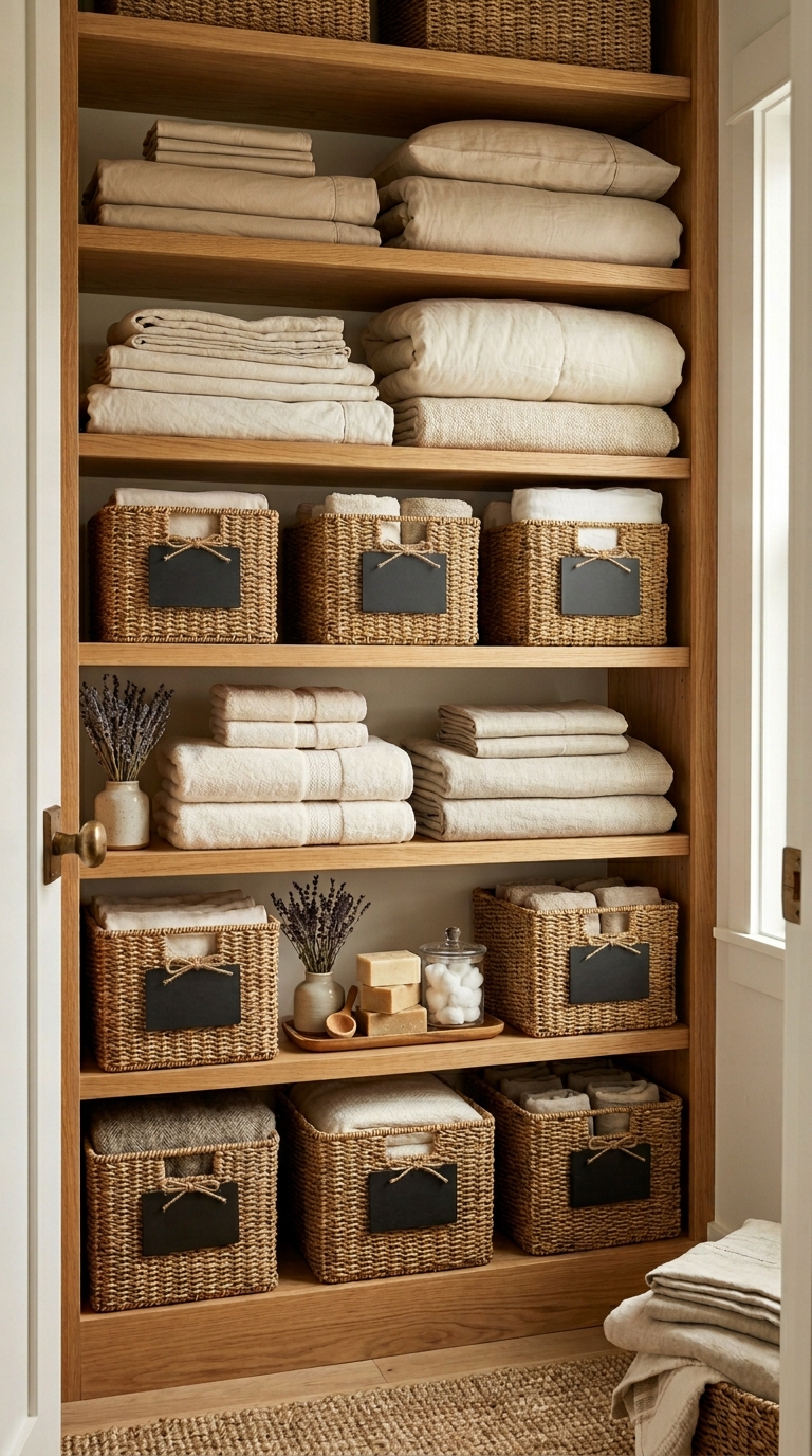Wicker baskets with labels in organized linen closet