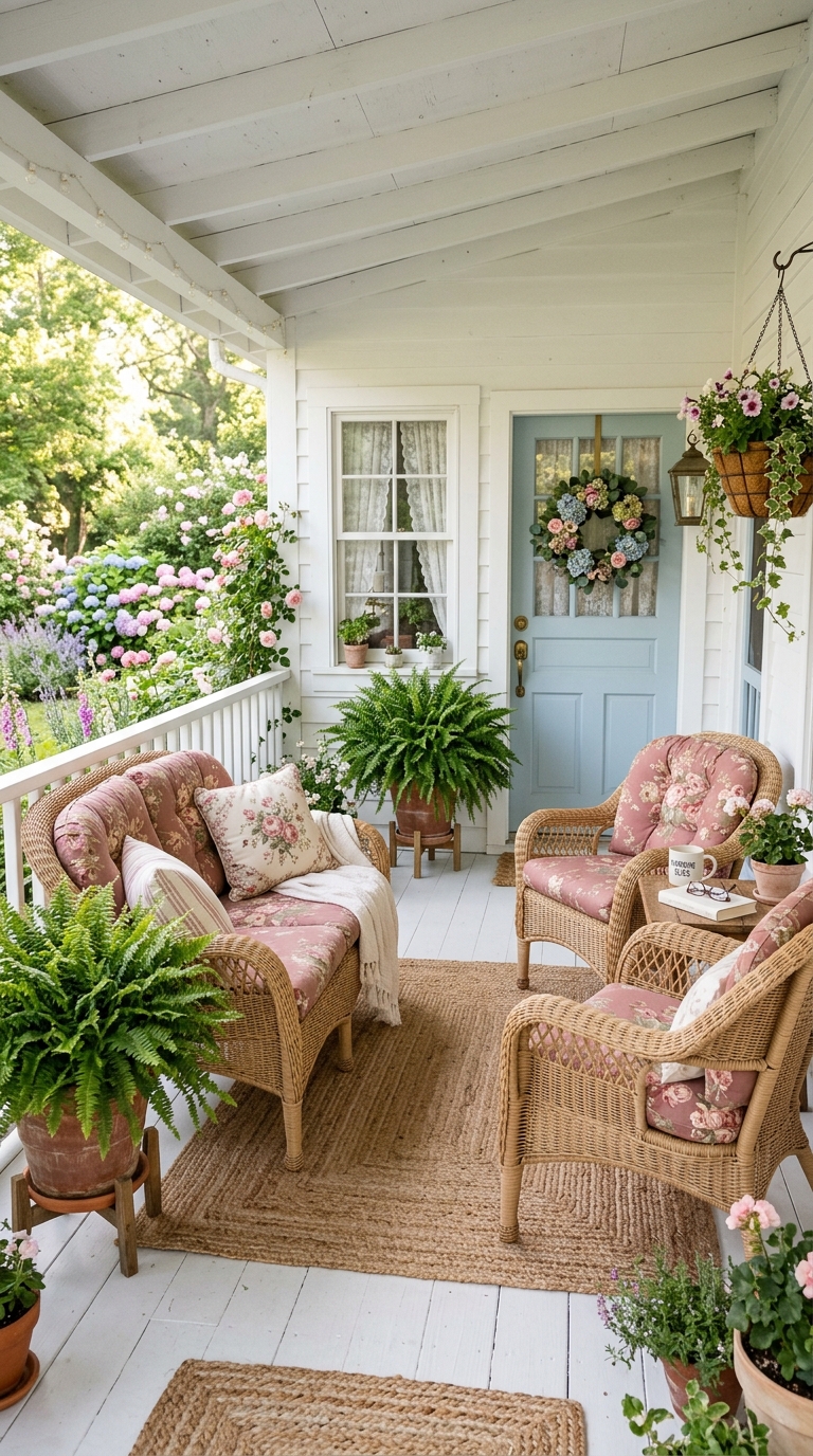 Natural wicker porch furniture with vintage floral cushions and potted ferns in cottage garden style