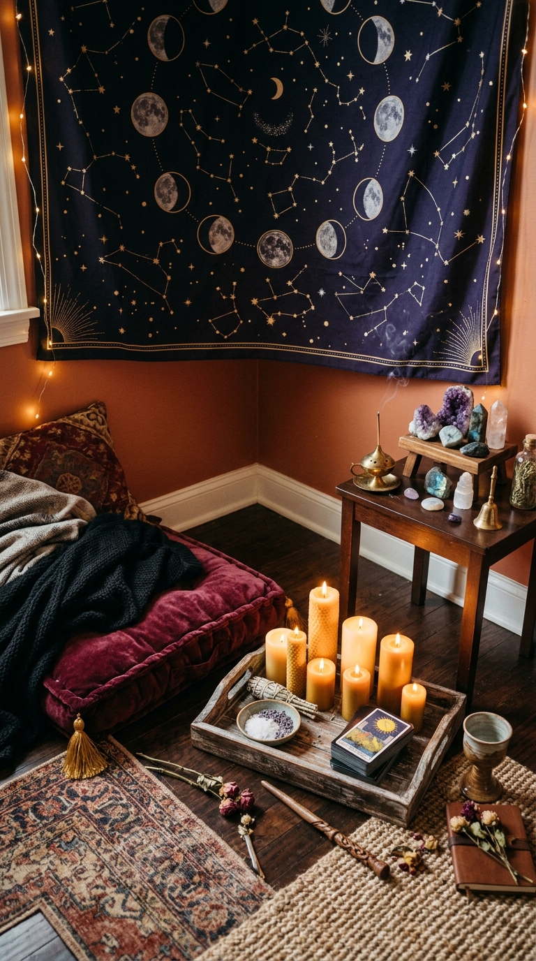 Witchy bedroom floor altar nook with celestial tapestry, floor cushion, pillar candle cluster on tray, crystal collection, and incense burner in cozy corner