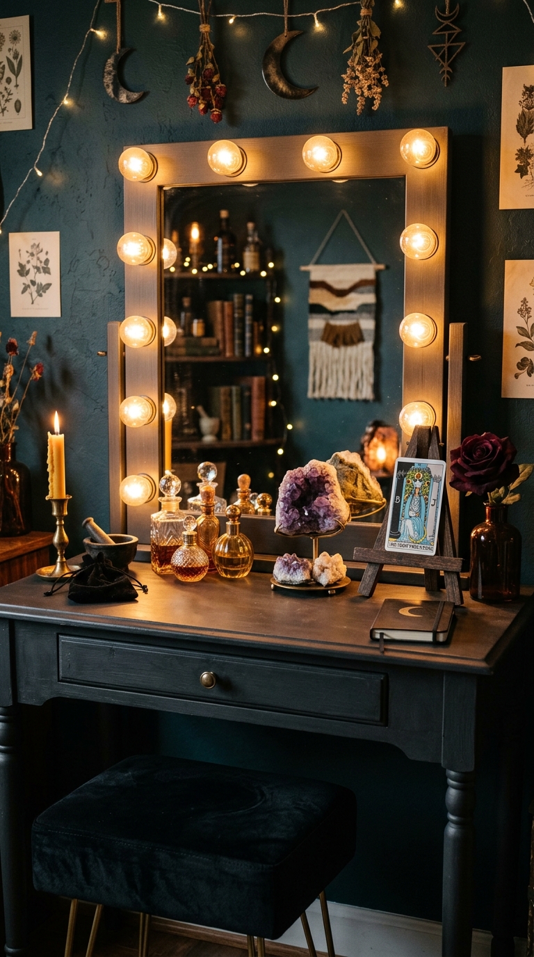Witch's vanity with Hollywood mirror, crystal perfume bottles, amethyst cluster, tarot card on easel, and black velvet stool in dark charcoal ritual space