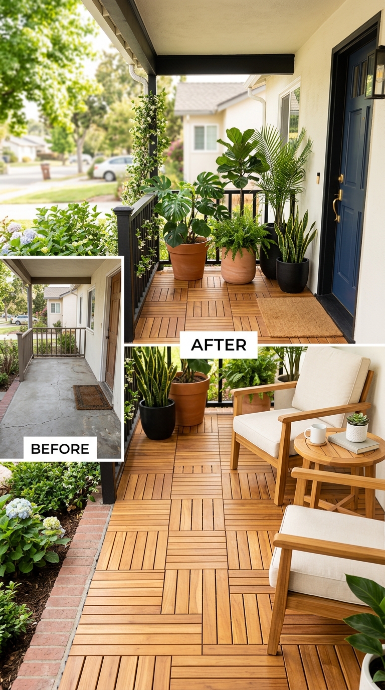 Natural teak wood deck tiles installed over concrete porch slab with tropical plants