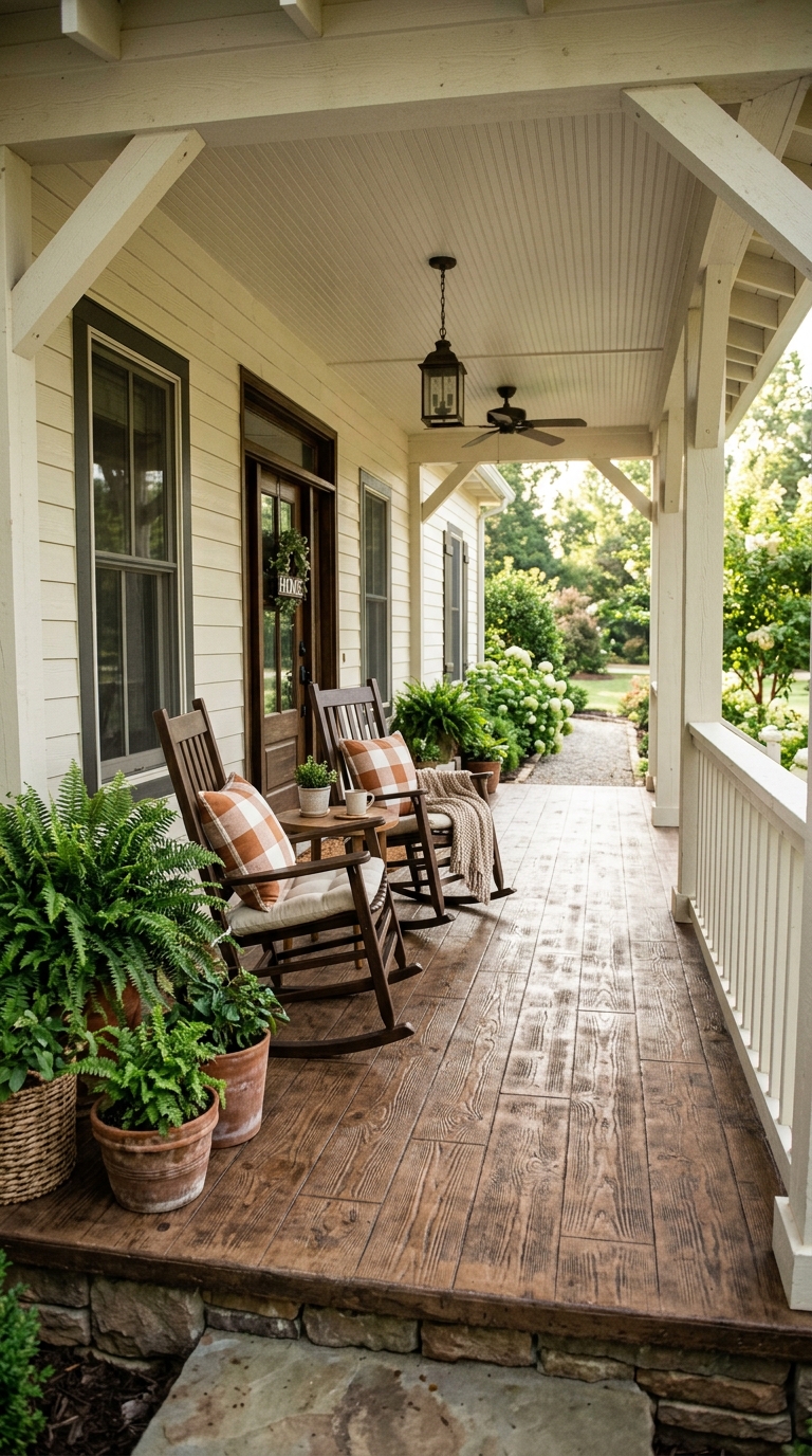 Wood grain stamped concrete porch floor in walnut stain on a farmhouse-style home