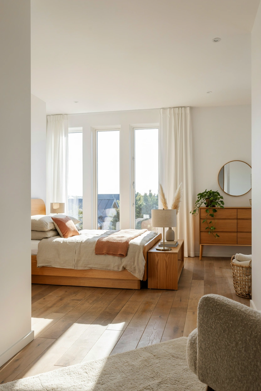 Light brown bedroom with warm wood furniture and white walls — airy and minimal bedroom design idea