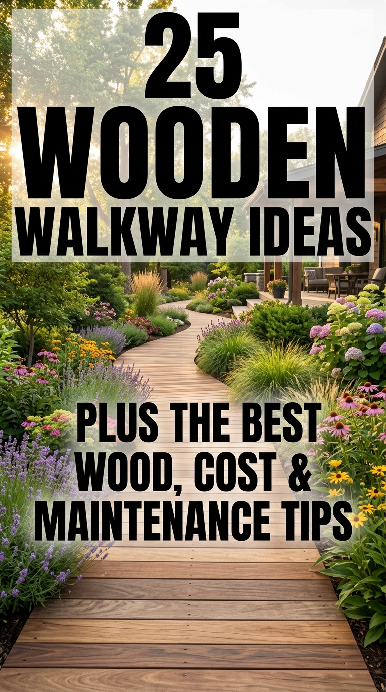 Natural wooden walkway through a landscaped garden