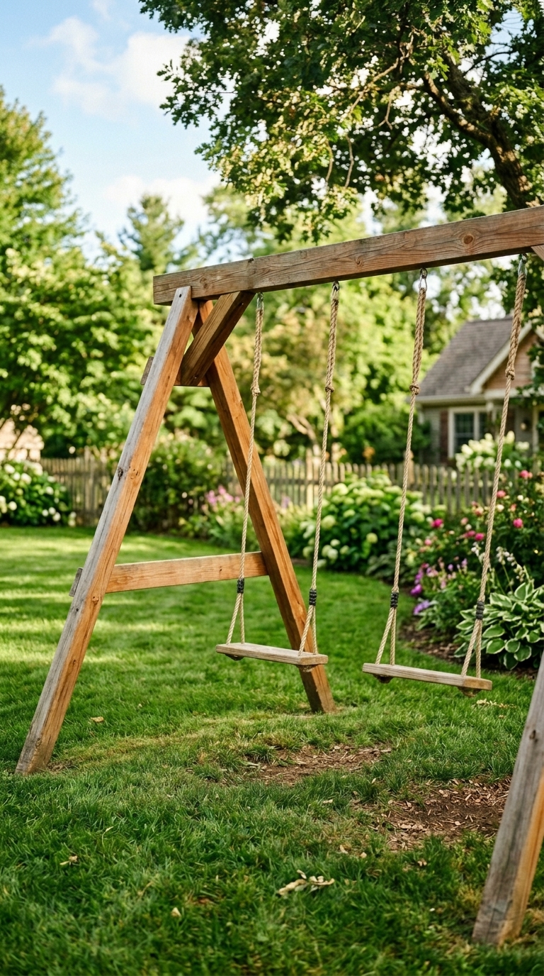 Wooden swing set in a backyard play area with kids swinging