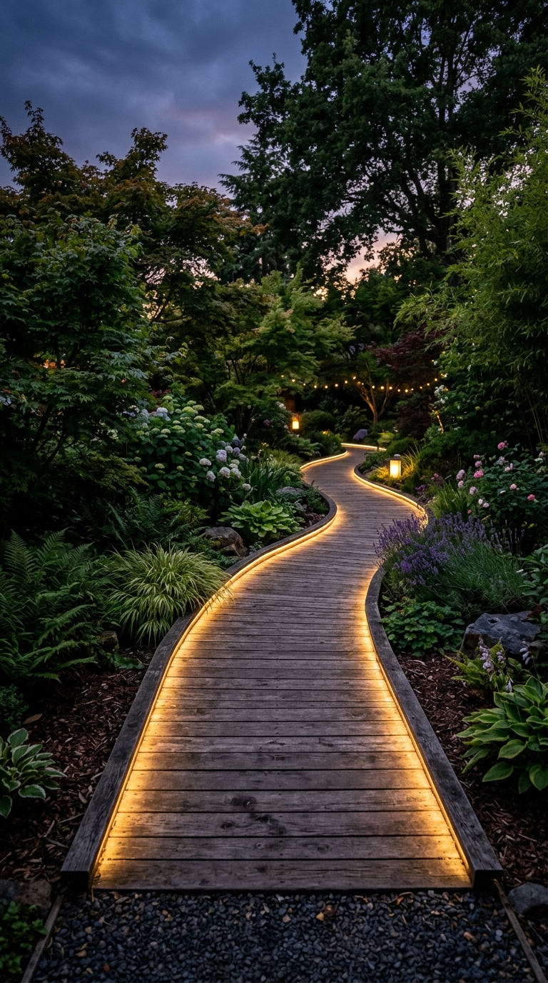 Wooden walkway with soft under-edge lighting through a garden
