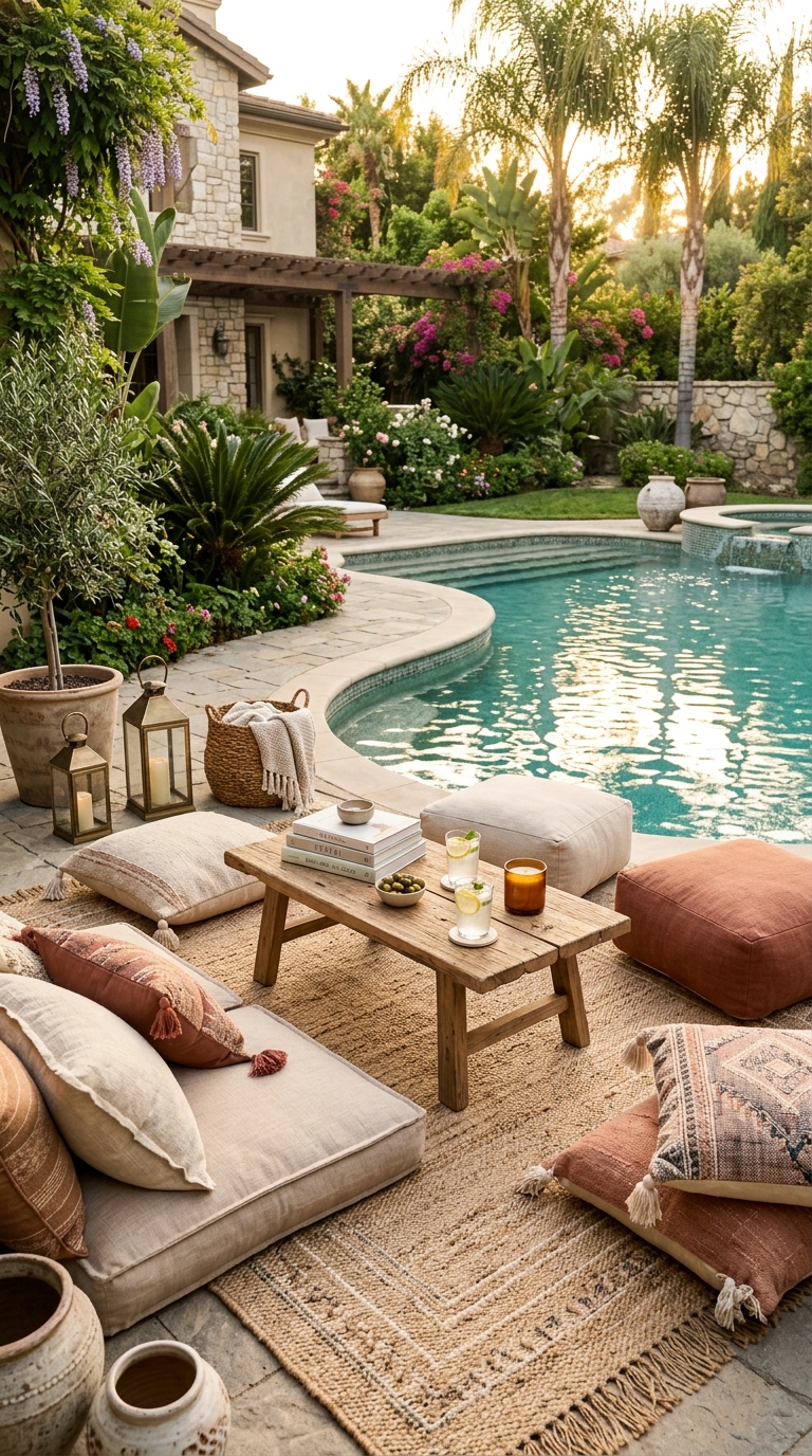 Cozy outdoor lounge area beside a swimming pool with woven rug, floor cushions, and modern wood furniture.