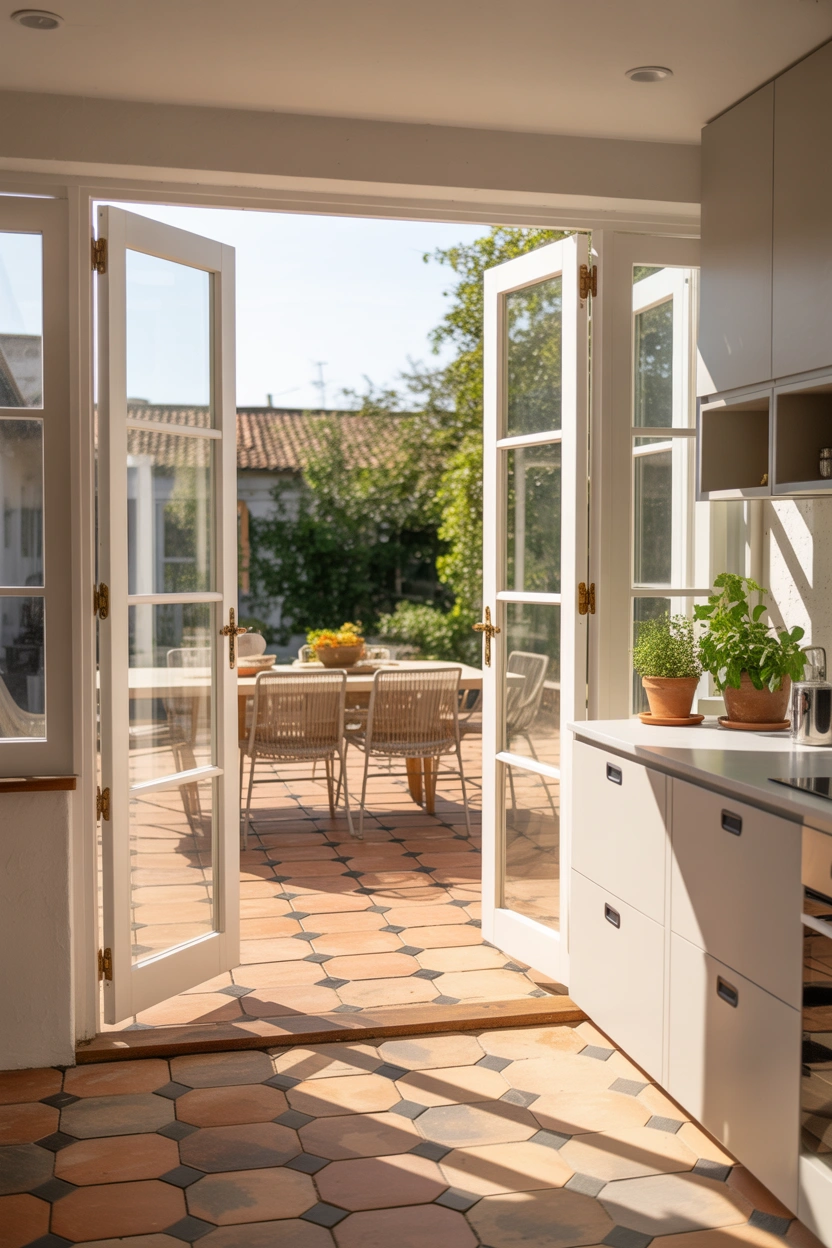 French patio doors with wrought iron grille details and bronze hardware set into a whitewashed Mediterranean stucco wall with bougainvillea
