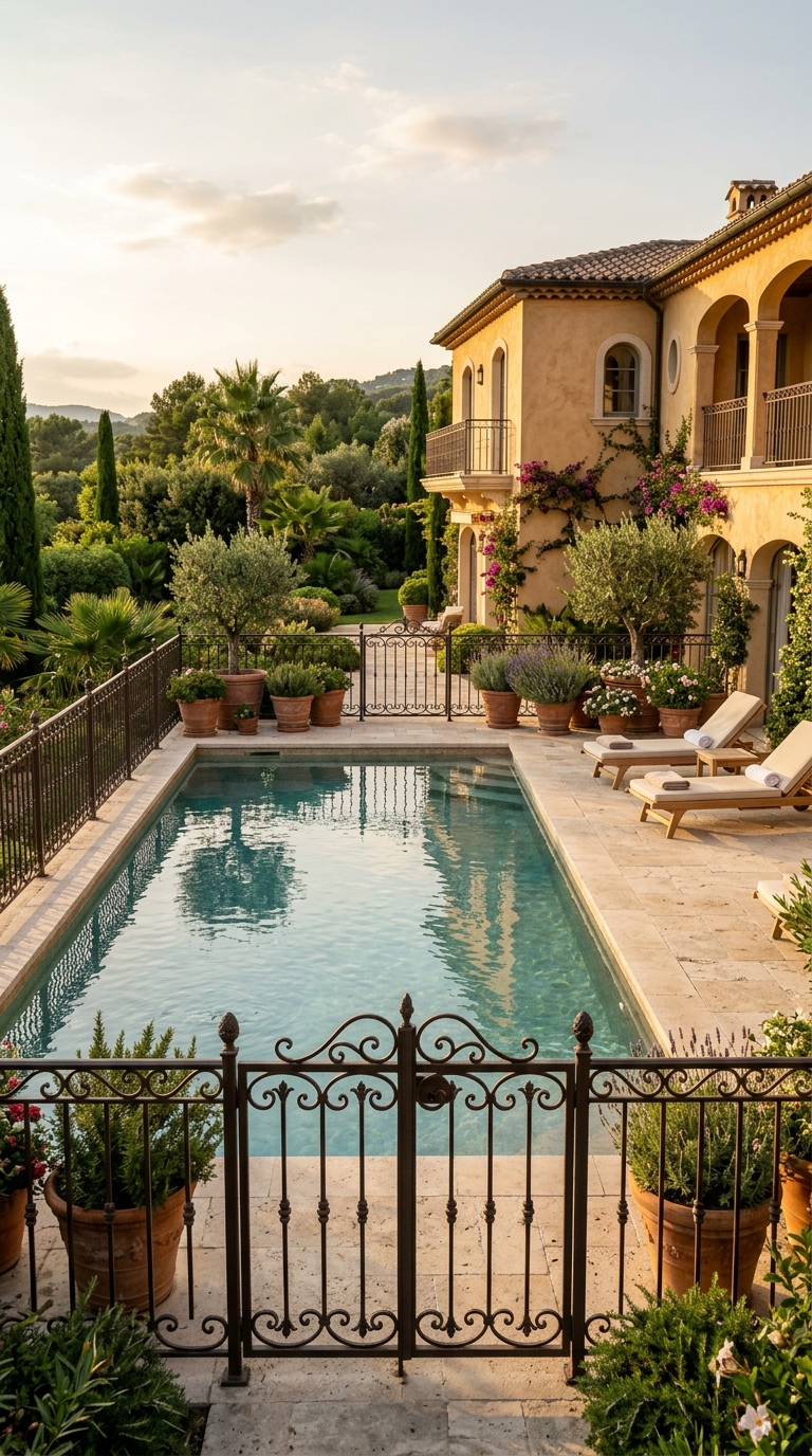 Elegant wrought iron pool fence with decorative scrollwork around a luxury backyard.