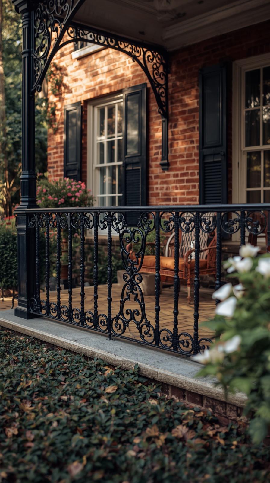 Black wrought iron scrollwork porch railing on a classic brick home with elegant curb appeal