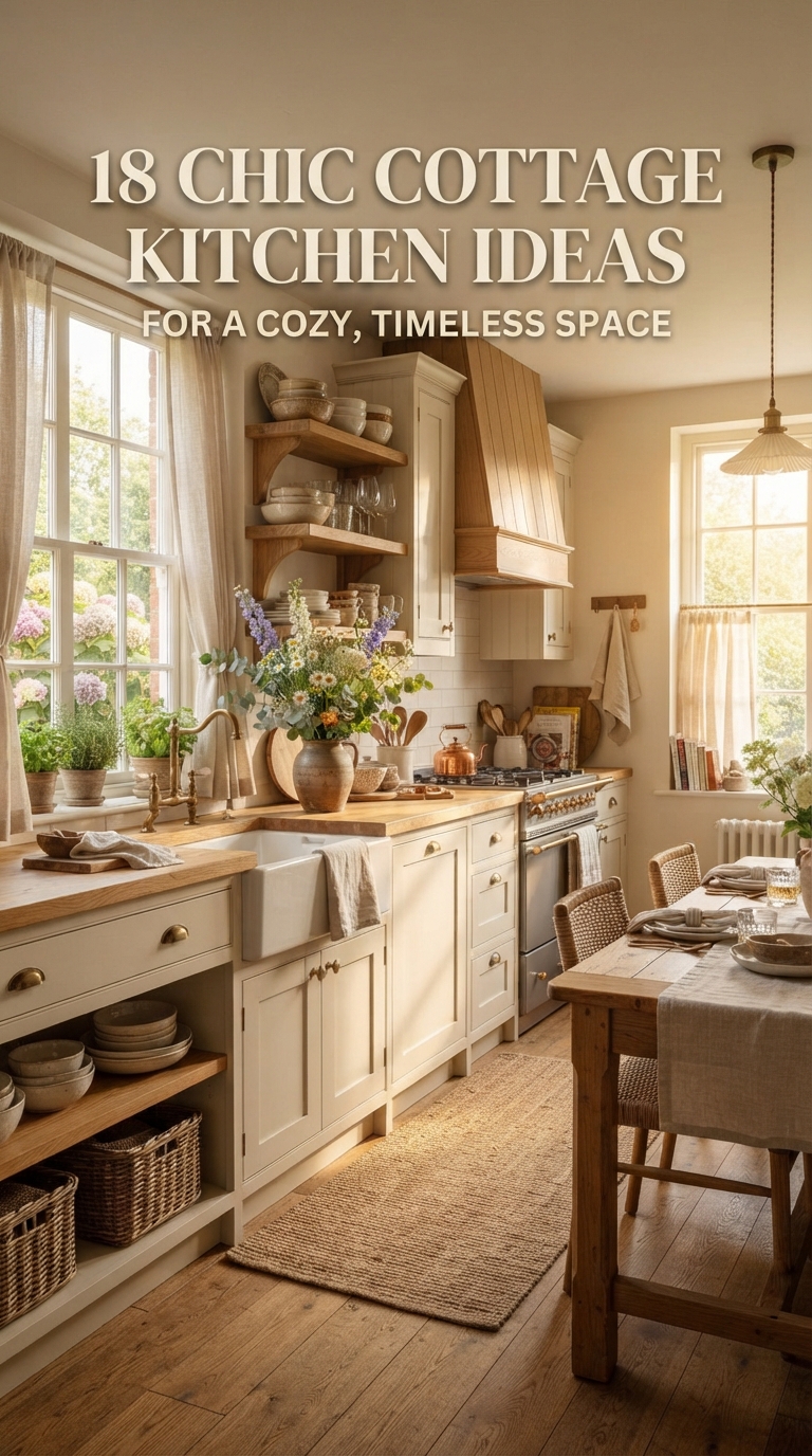 Beautiful cottage kitchen with cream cabinets, farmhouse sink, warm wood accents, and timeless cozy decor.