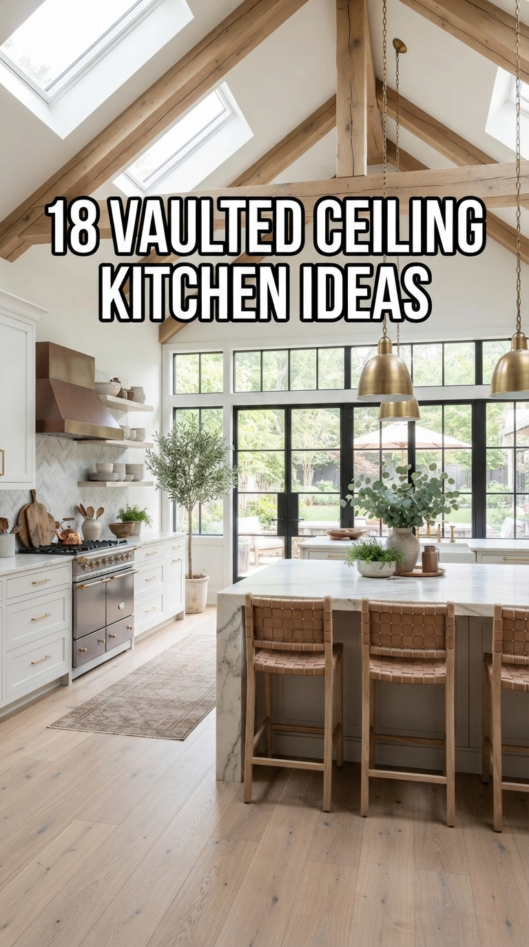 Luxury vaulted ceiling kitchen with exposed wood beams, marble island, and modern farmhouse design.