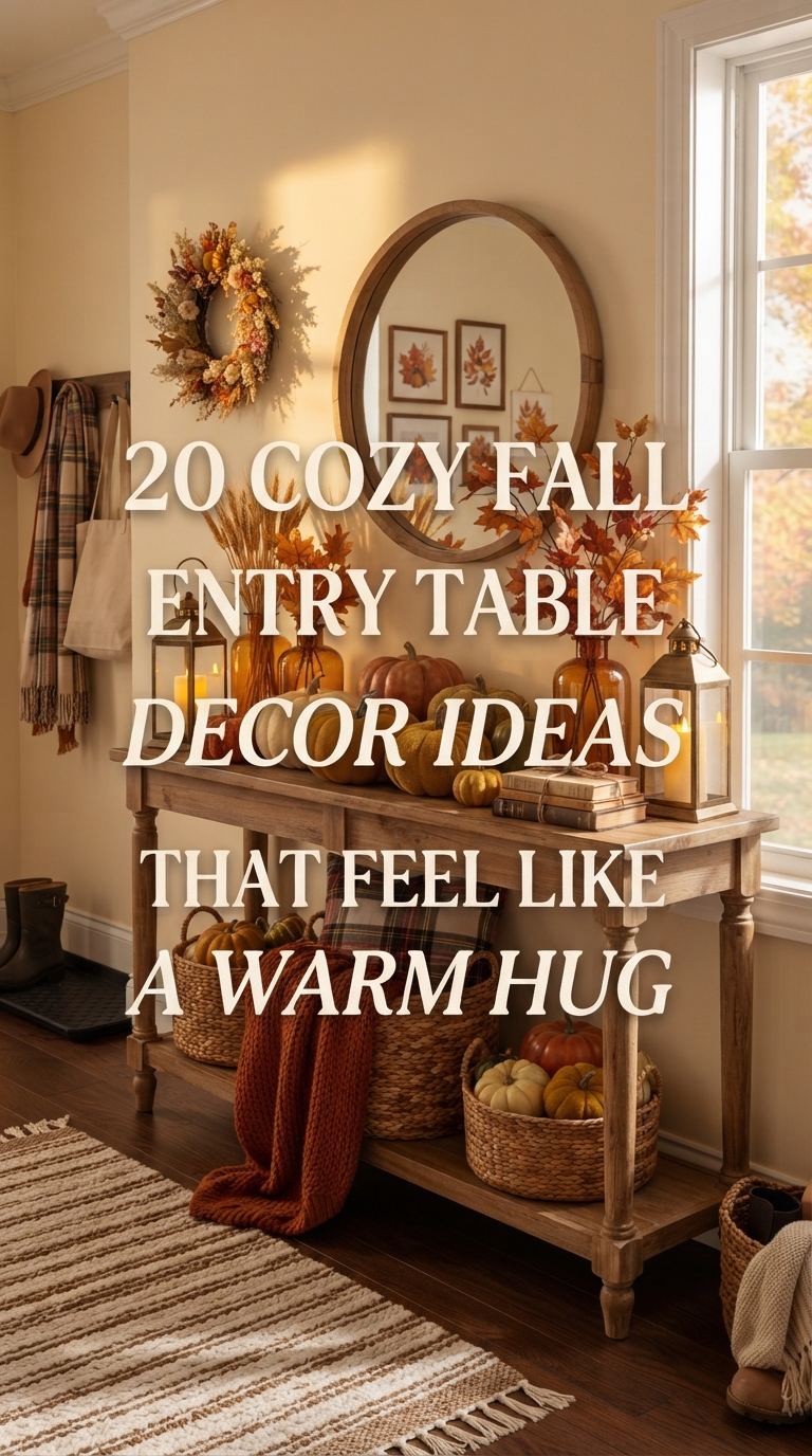 Cozy fall entry table decor ideas with pumpkins, lanterns, dried florals, and warm autumn styling.