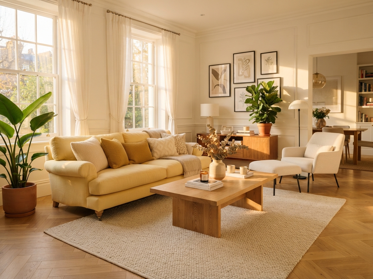 Bright yellow living room with a cozy modern sofa, warm natural sunlight, neutral decor, indoor plants, and stylish home design inspiration for year-round comfort.