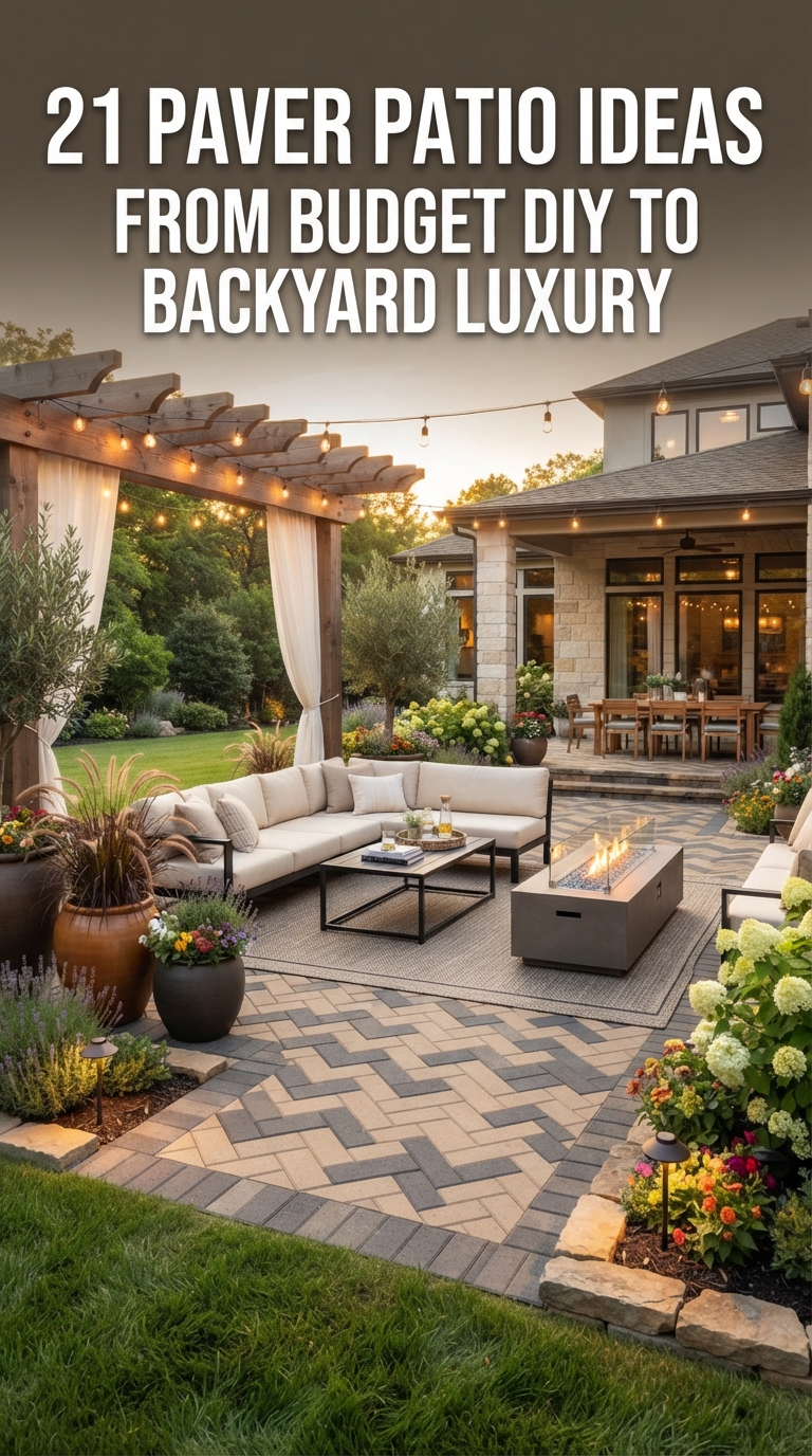 Luxury rectangular paver patio with modern outdoor seating, pergola, fire pit, and landscaping for 21 Paver Patio Ideas for 2026.
