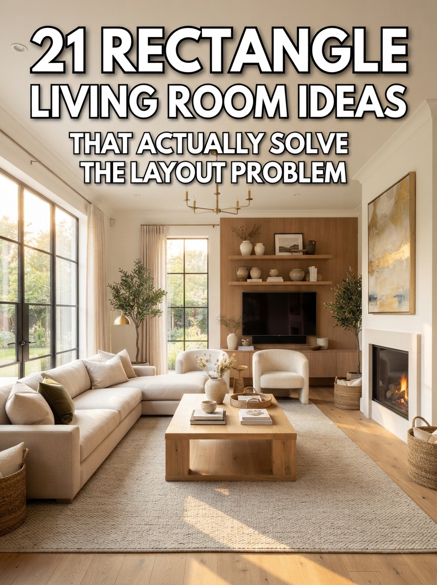 21 Rectangle Living Room Ideas featuring a modern rectangular living room with a smart furniture layout, sectional sofa, fireplace, and elegant contemporary decor.