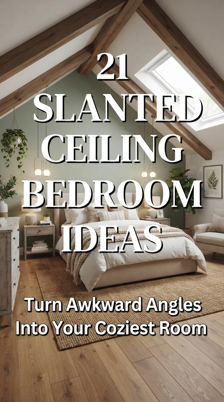 Pinterest feature image showing a cozy slanted ceiling bedroom with bold text reading 21 Slanted Ceiling Bedroom Ideas.