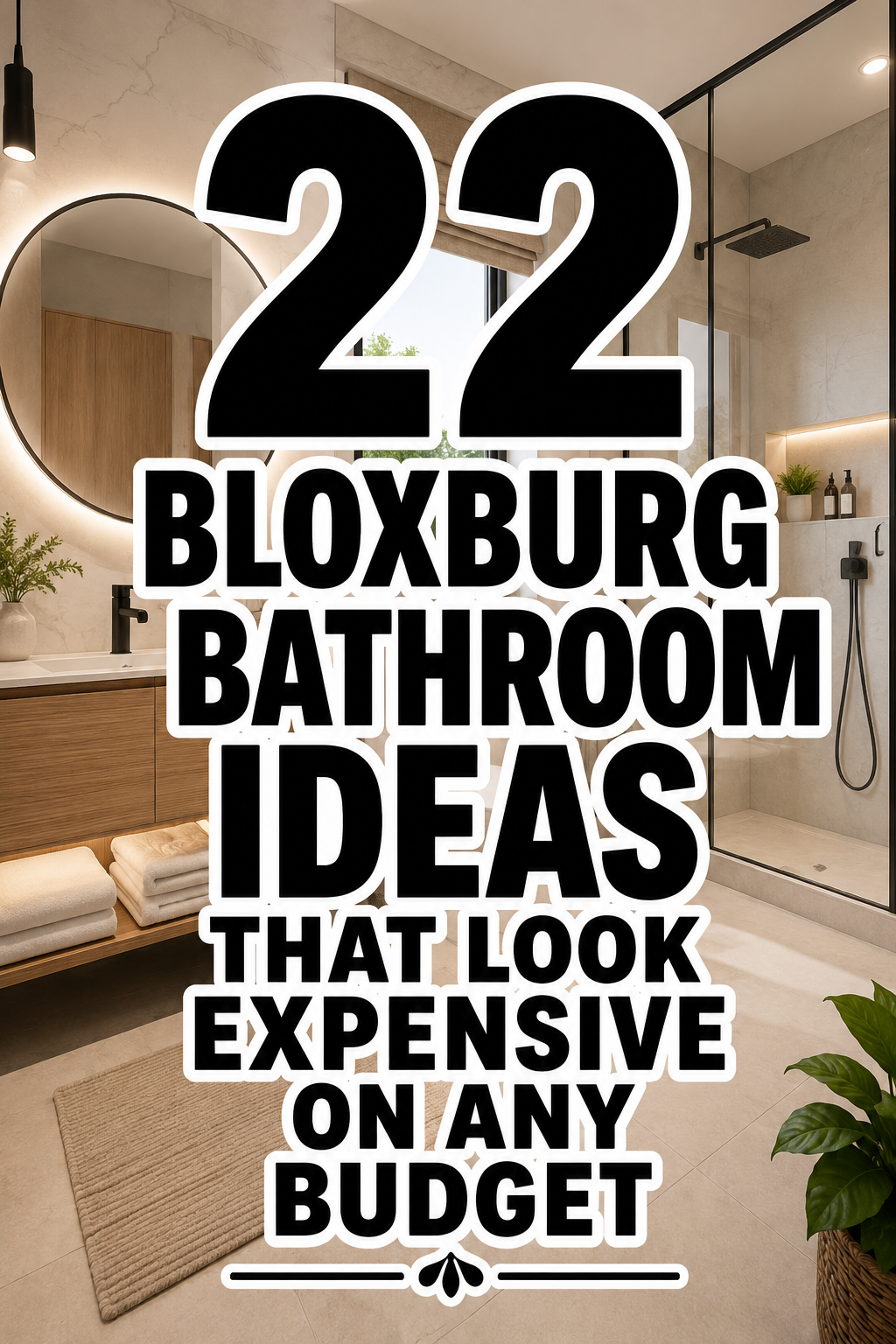 Luxury Pinterest featured image showing a modern Bloxburg-inspired bathroom with bold black title