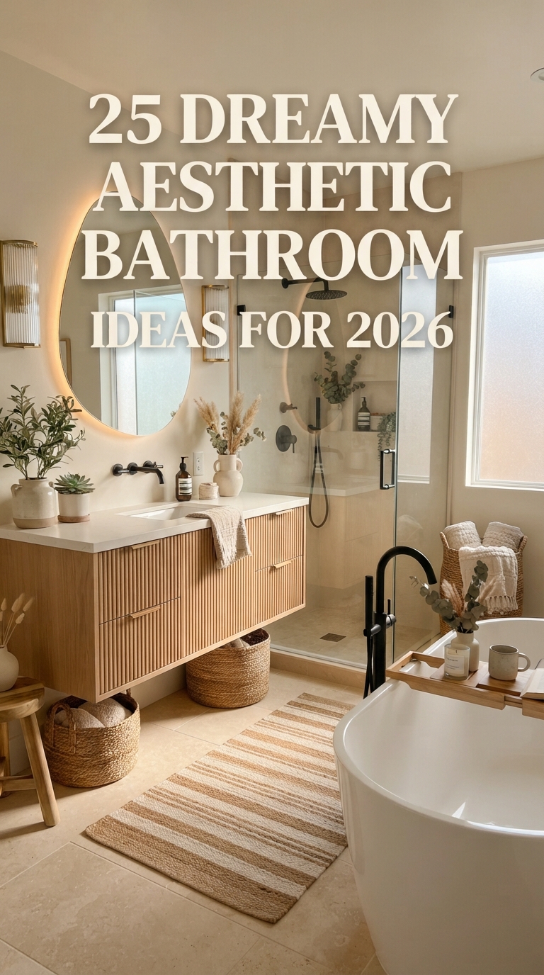 25 dreamy aesthetic bathroom ideas for 2026 featuring a luxurious modern bathroom with warm neutral decor and spa-inspired design.