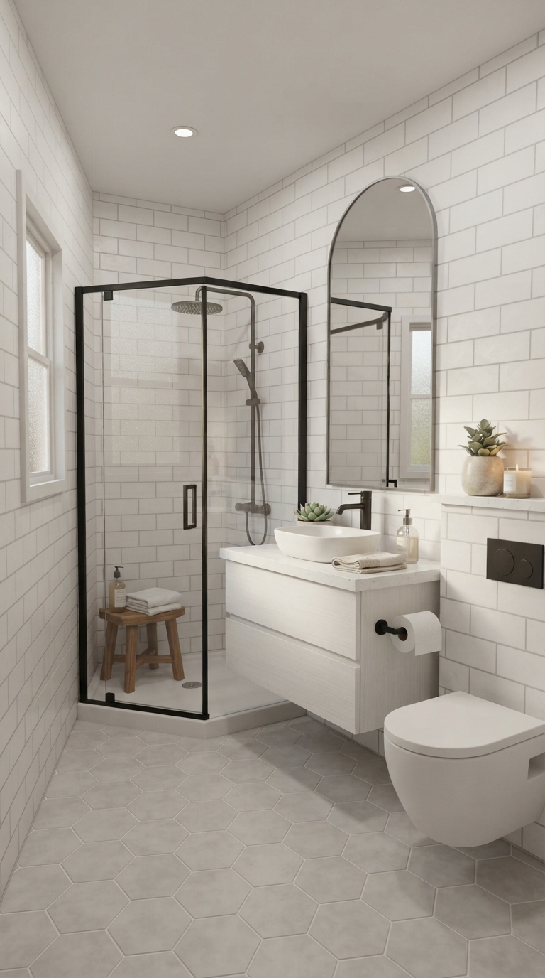Small 2x2 Bloxburg bathroom with corner shower, floating vanity and modern minimalist design.