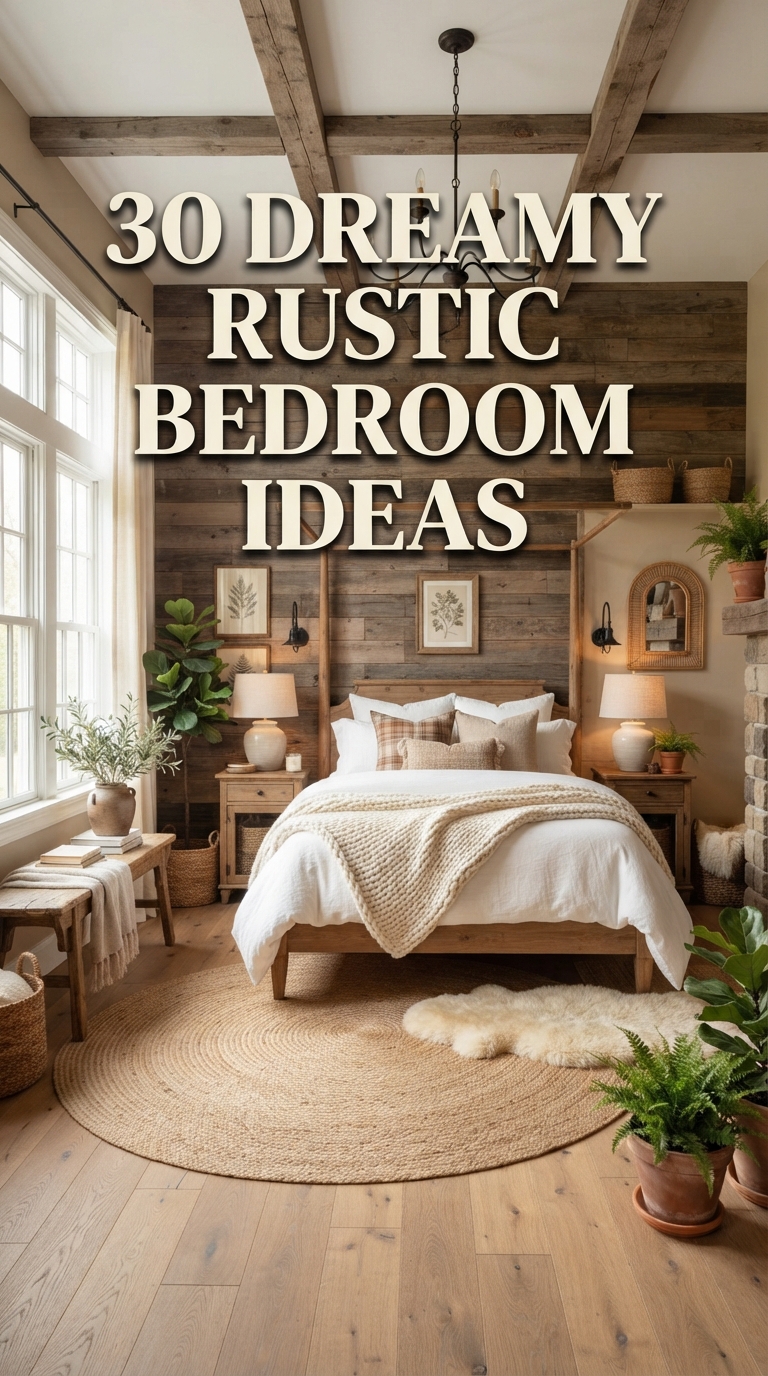 30 dreamy rustic bedroom ideas featuring cozy farmhouse decor, reclaimed wood furniture, and warm rustic design inspiration.