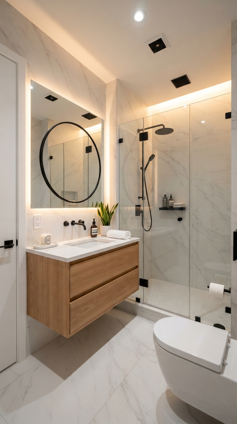 Modern minimalist 3x3 Bloxburg bathroom with floating vanity and frameless glass shower.