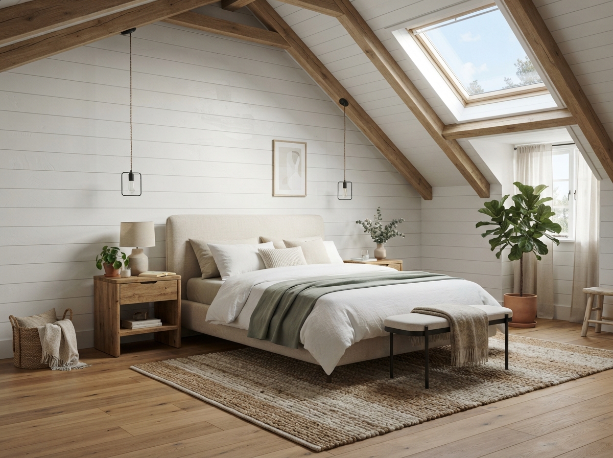 Modern cozy slanted ceiling bedroom with a skylight, exposed wood beams, and layered neutral bedding