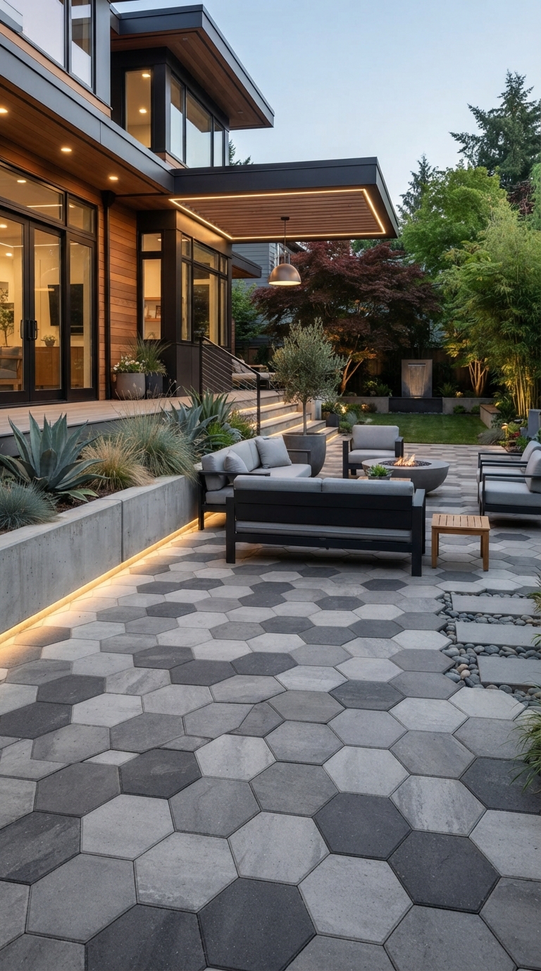 Modern hexagon paver pattern patio in neutral gray tones