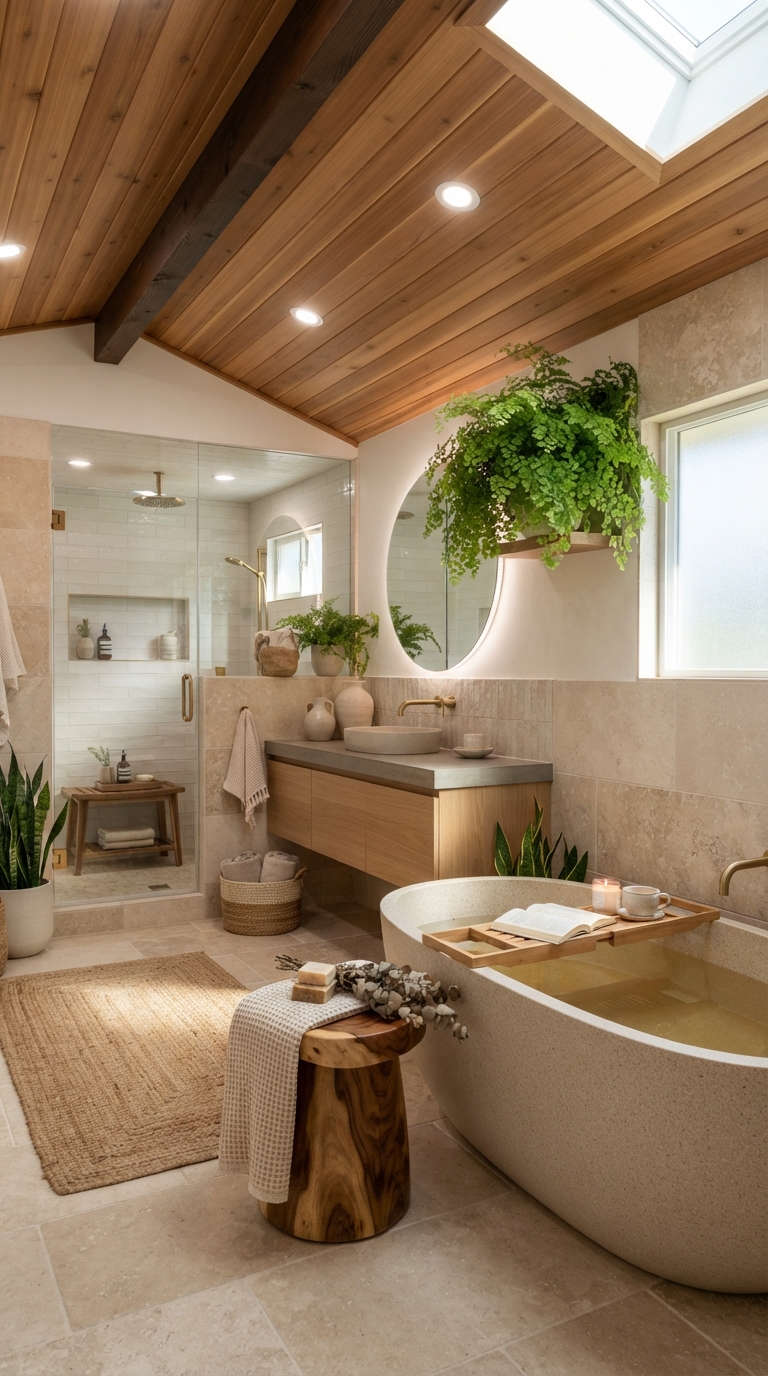 Moisture-safe cedar wood ceiling in a spa-style bathroom