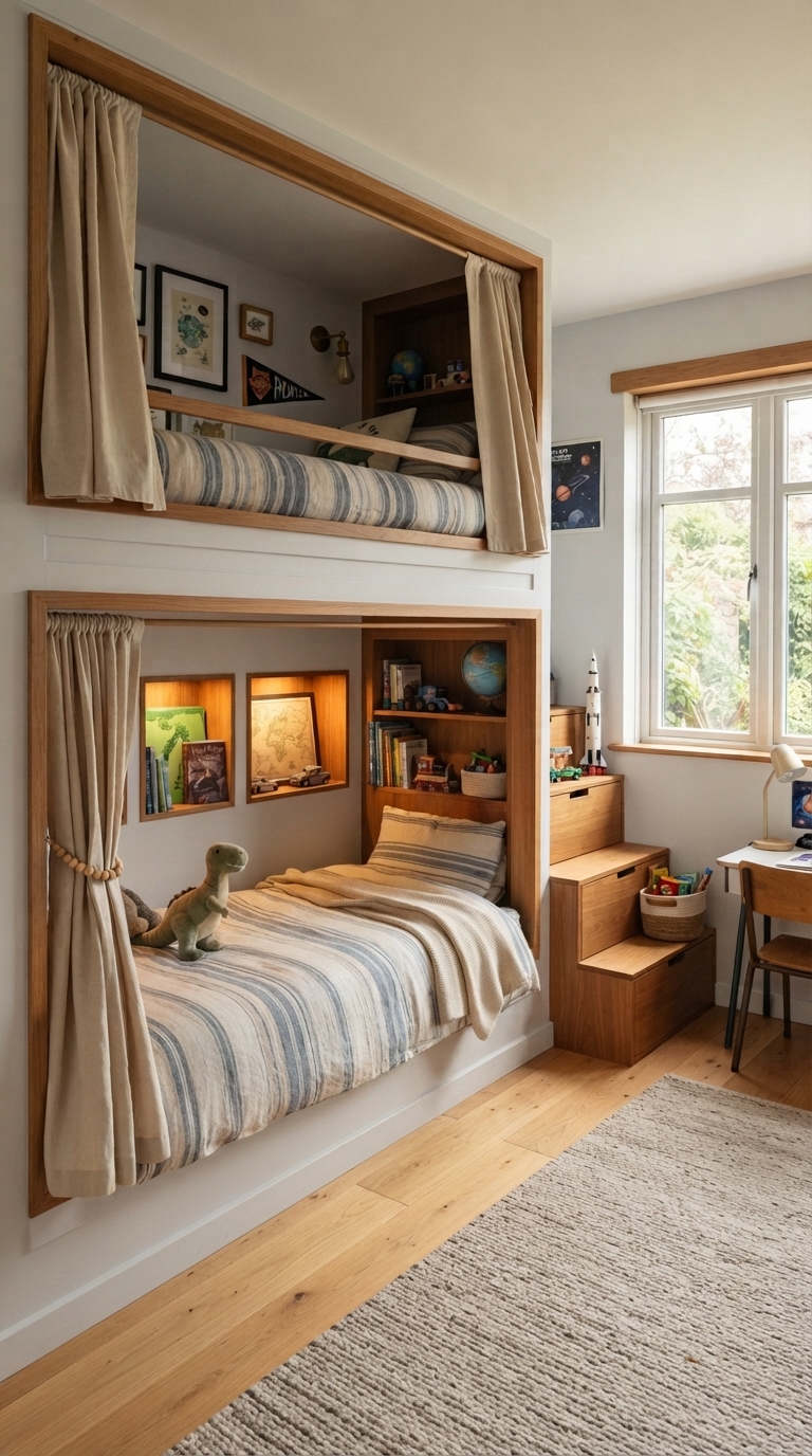 Built-in bunk beds in a shared boys bedroom with storage steps