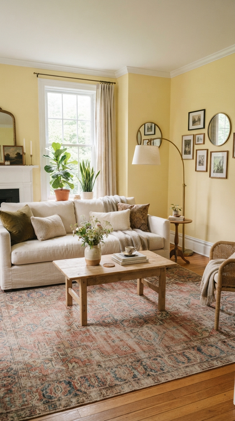 Butter yellow living room with cream sofa and vintage rug