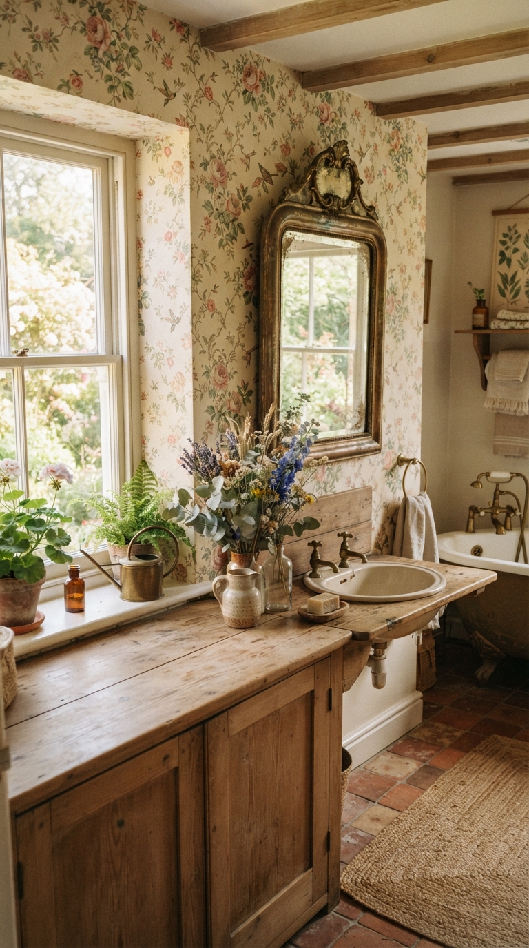 Cottagecore aesthetic bathroom with floral wallpaper and vintage brass fixtures
