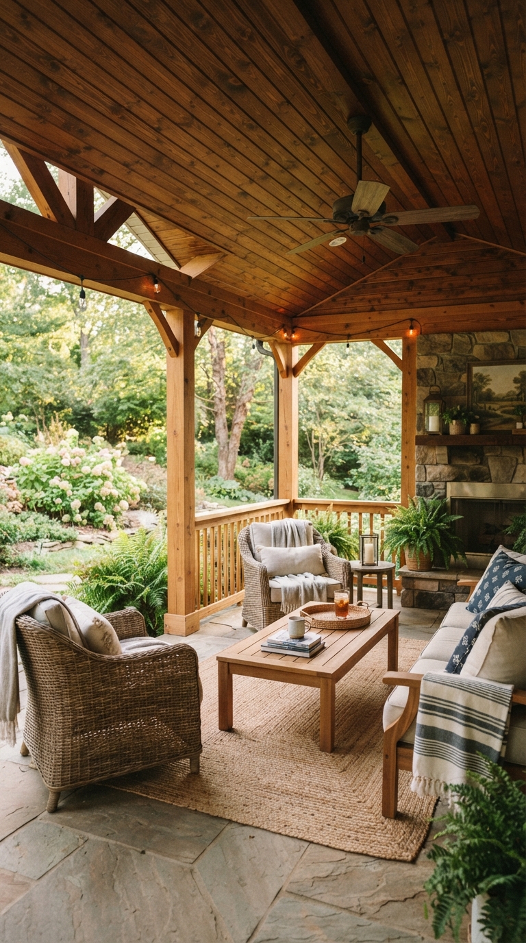 Wood accent ceiling on a cozy covered porch